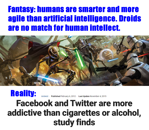 This meme is a humorous comparison between two seemingly unrelated things: a fantasy world where humans are smarter and more agile than artificial intelligence, and a real-world fact that humans are more likely to engage in addictive behaviors on social media platforms like Facebook and Twitter, rather than on substances like cigarettes or alcohol. The text "In reality: Facebook and Twitter are more addictive than cigarettes or alcohol, study finds" is a quote from a real news article.